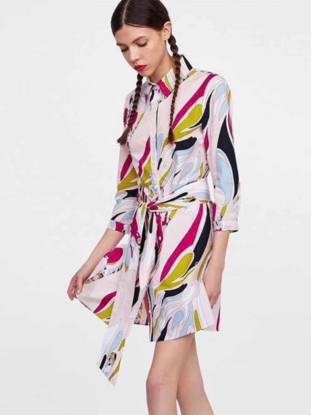 Zara Pink Abstract-Print Mini Shirt Dress